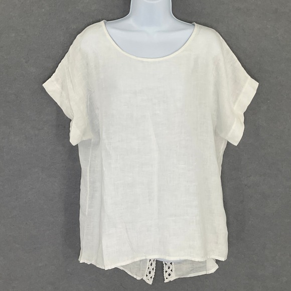 Terzo Millennio Tops - Terzo Millennio Italy 100% Linen‎ White Top Crochet Back Womens Sz L Sustainable